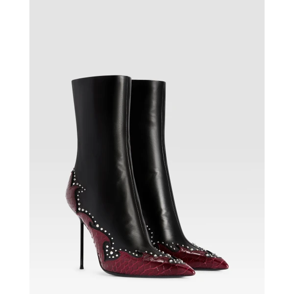 Paris Texas Lidia 105 Queen of Hearts Ankle Boots in Black Nappa and Deep Red Python-Print Leather | Boots | Luxury Shoes 