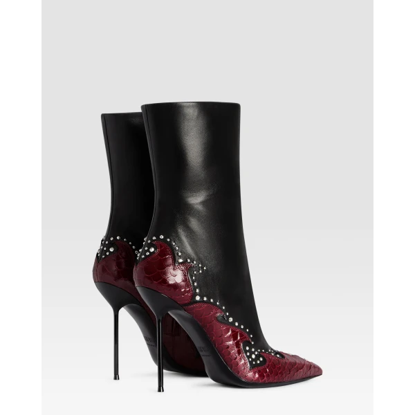 Paris Texas Lidia 105 Queen of Hearts Ankle Boots in Black Nappa and Deep Red Python-Print Leather | Boots | Luxury Shoes 