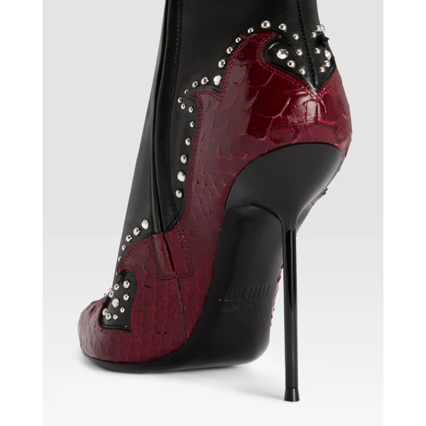Paris Texas Lidia 105 Queen of Hearts Ankle Boots in Black Nappa and Deep Red Python-Print Leather | Boots | Luxury Shoes 
