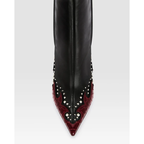 Paris Texas Lidia 105 Queen of Hearts Ankle Boots in Black Nappa and Deep Red Python-Print Leather | Boots | Luxury Shoes 