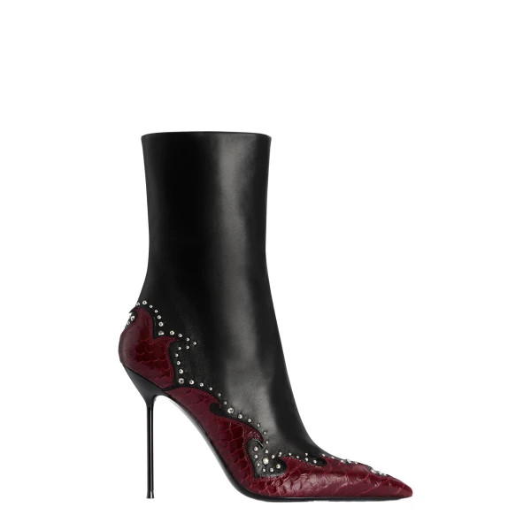 Lidia 105 Queen of Hearts Ankle Boots in Black Nappa and Deep Red Python-Print Leather