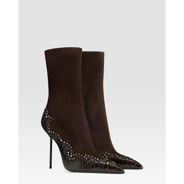 Paris Texas Lidia 105 Queen of Hearts Ankle Boots in Fondente Suede and Python-Print Leather | Boots | Luxury Shoes 