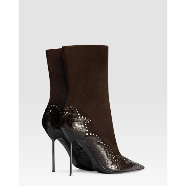Paris Texas Lidia 105 Queen of Hearts Ankle Boots in Fondente Suede and Python-Print Leather | Boots | Luxury Shoes 