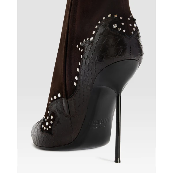 Paris Texas Lidia 105 Queen of Hearts Ankle Boots in Fondente Suede and Python-Print Leather | Boots | Luxury Shoes 