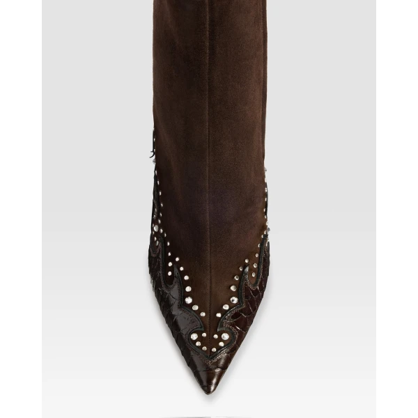 Paris Texas Lidia 105 Queen of Hearts Ankle Boots in Fondente Suede and Python-Print Leather | Boots | Luxury Shoes 