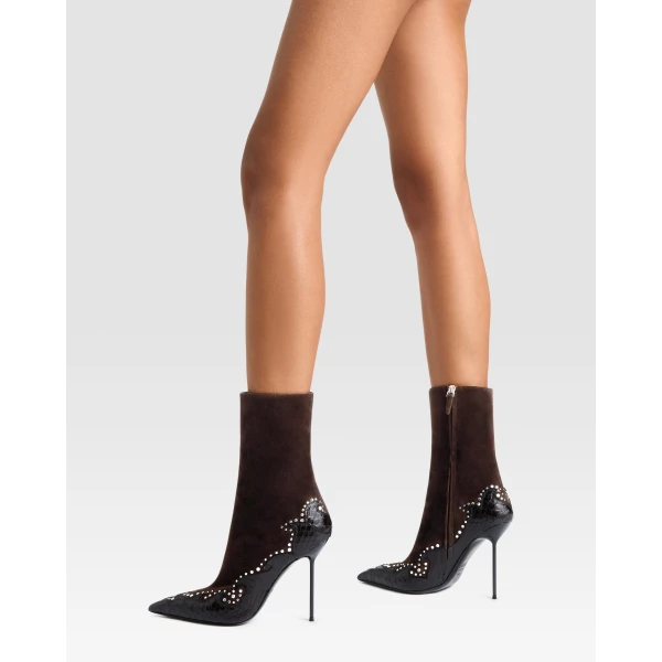 Paris Texas Lidia 105 Queen of Hearts Ankle Boots in Fondente Suede and Python-Print Leather | Boots | Luxury Shoes 