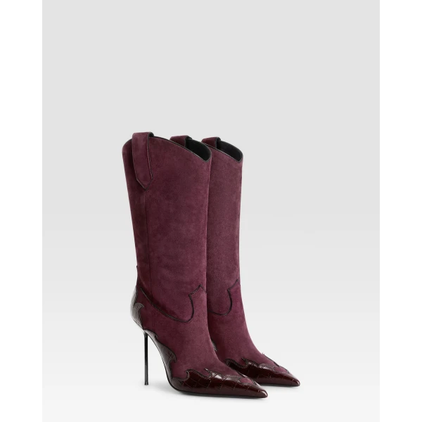 Paris Texas Lidia 105 Queen of Hearts Boots in Rouge Noir Suede and Croc-Embossed Leather | Boots | Luxury Shoes 