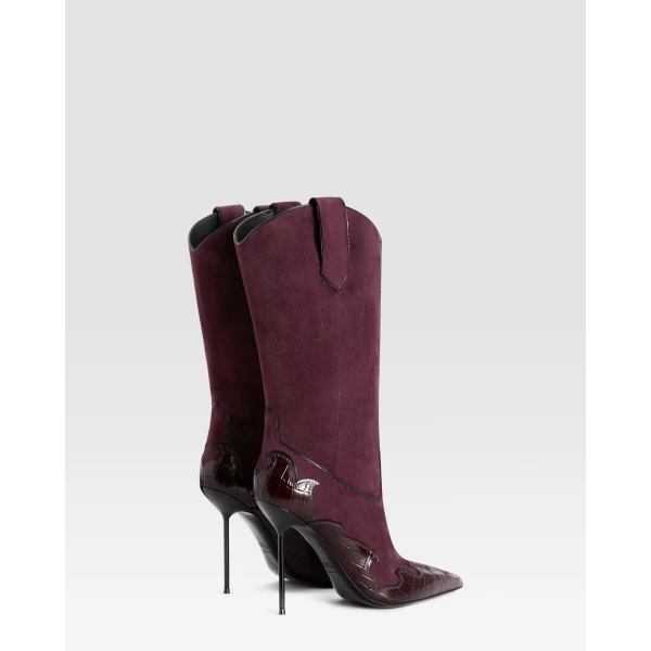 Paris Texas Lidia 105 Queen of Hearts Boots in Rouge Noir Suede and Croc-Embossed Leather | Boots | Luxury Shoes 