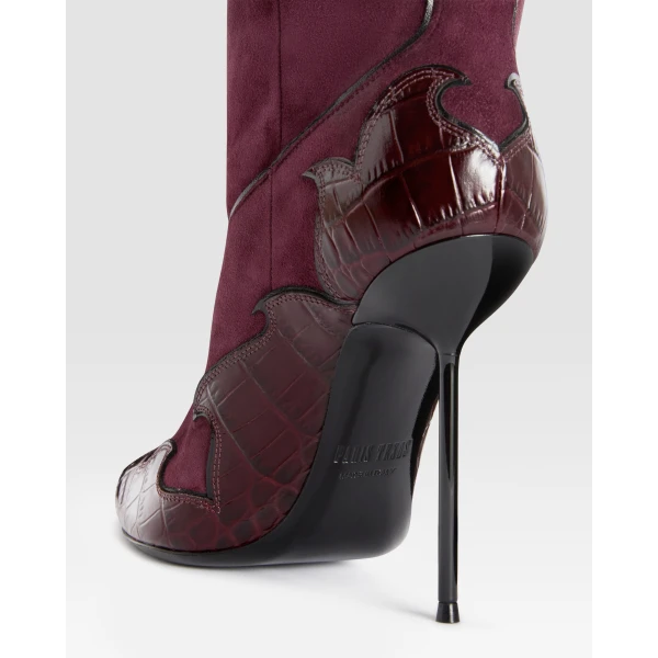 Paris Texas Lidia 105 Queen of Hearts Boots in Rouge Noir Suede and Croc-Embossed Leather | Boots | Luxury Shoes 