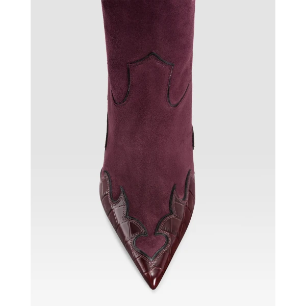 Paris Texas Lidia 105 Queen of Hearts Boots in Rouge Noir Suede and Croc-Embossed Leather | Boots | Luxury Shoes 