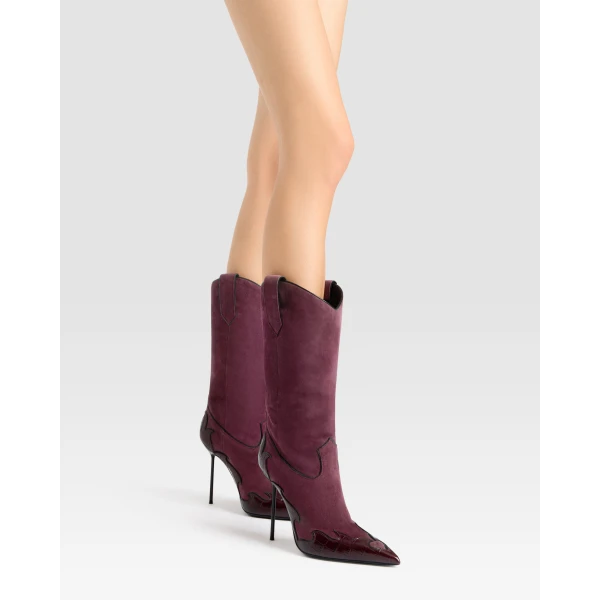 Paris Texas Lidia 105 Queen of Hearts Boots in Rouge Noir Suede and Croc-Embossed Leather | Boots | Luxury Shoes 