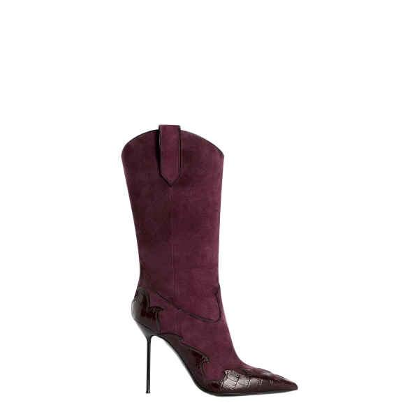 Lidia 105 Queen of Hearts Boots in Rouge Noir Suede and Croc-Embossed Leather
