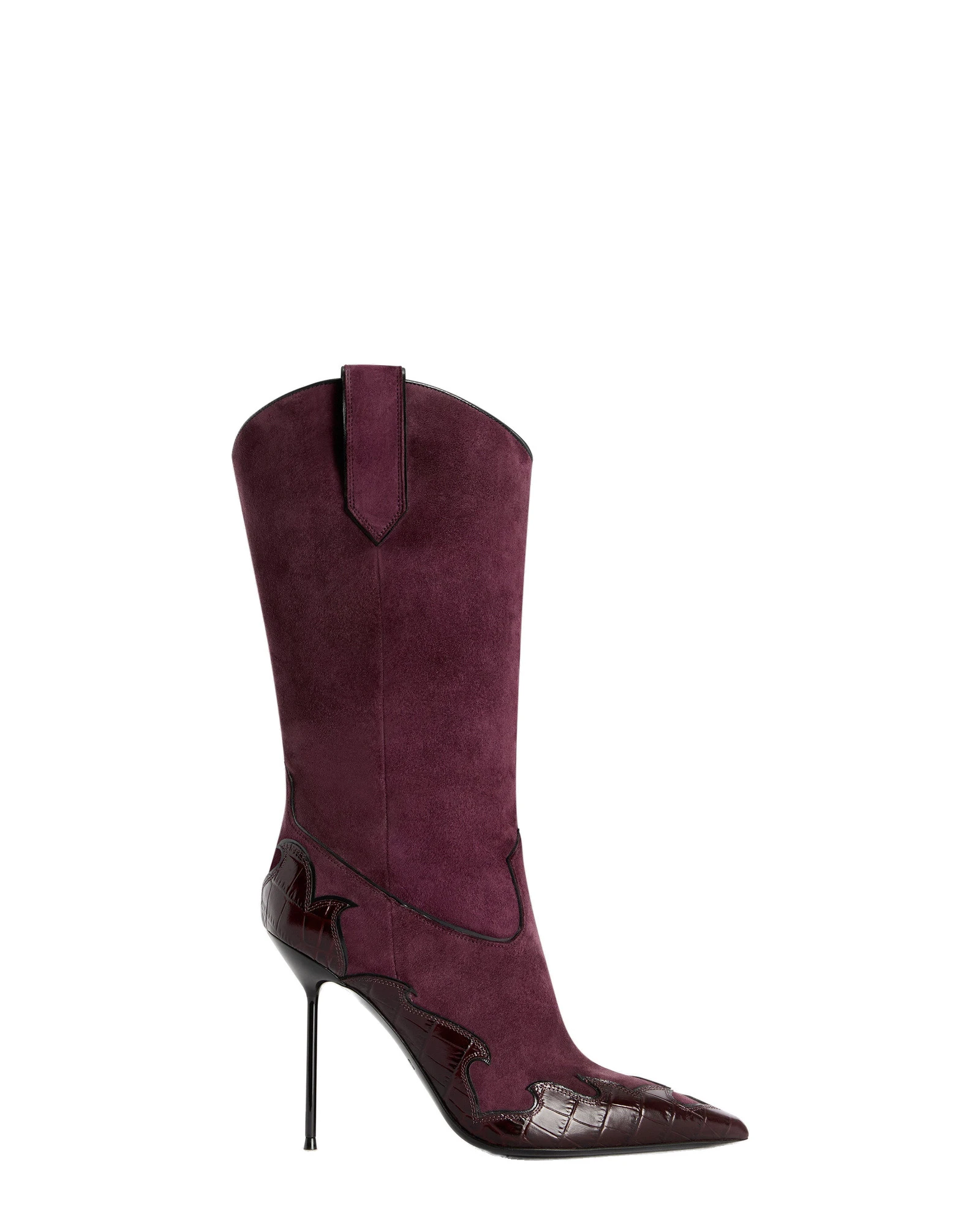 Paris Texas Lidia 105 Queen of Hearts Boots in Rouge Noir Suede and Croc-Embossed Leather Paris Texas Lidia 105 Queen of Hearts Boots in Rouge Noir Suede and Croc-Embossed Leather | Luxury Shoes