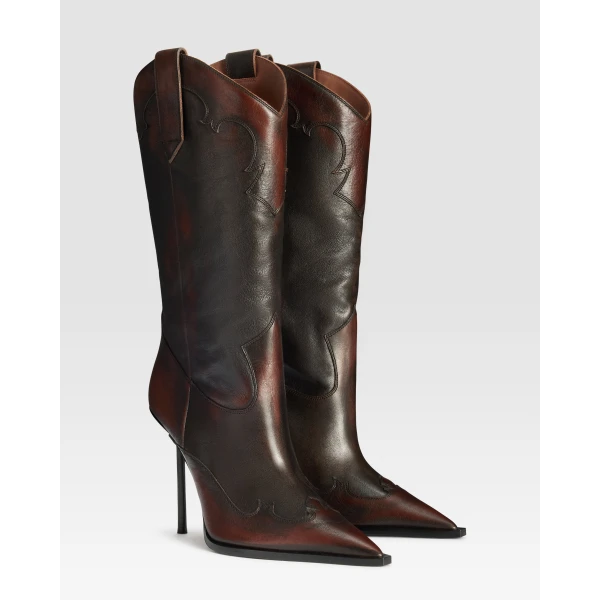 Paris Texas Lidia 105 Western Embroidered Boots in Rouge Noir Vintage-Effect Leather | Boots | Luxury Shoes 