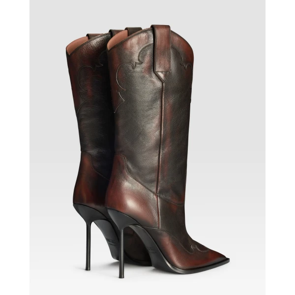 Paris Texas Lidia 105 Western Embroidered Boots in Rouge Noir Vintage-Effect Leather | Boots | Luxury Shoes 