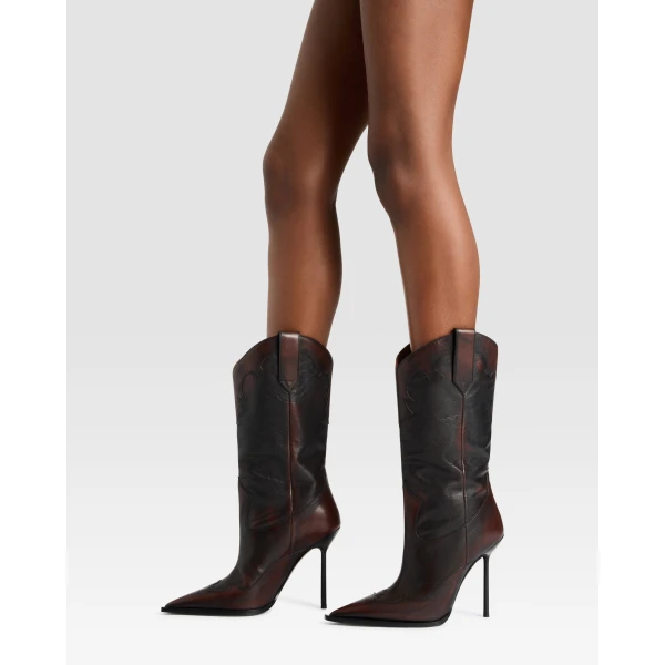 Paris Texas Lidia 105 Western Embroidered Boots in Rouge Noir Vintage-Effect Leather | Boots | Luxury Shoes 