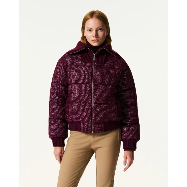 Perfect Moment Boucle Wool Bomber Down Jacket in Burgundy, view 3 | Jackets | Luxury Shoes 