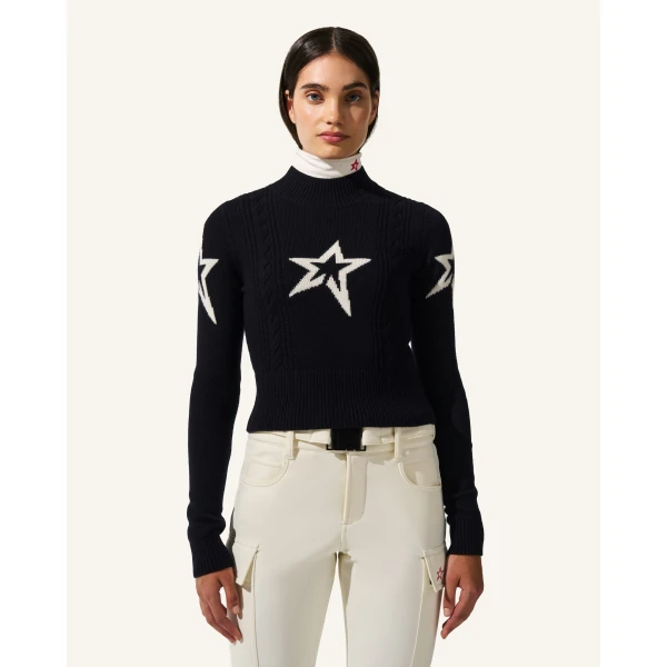 Perfect Moment Cable Merino Wool Sweater in Navy, view 3 | Sweaters | Luxury Shoes 