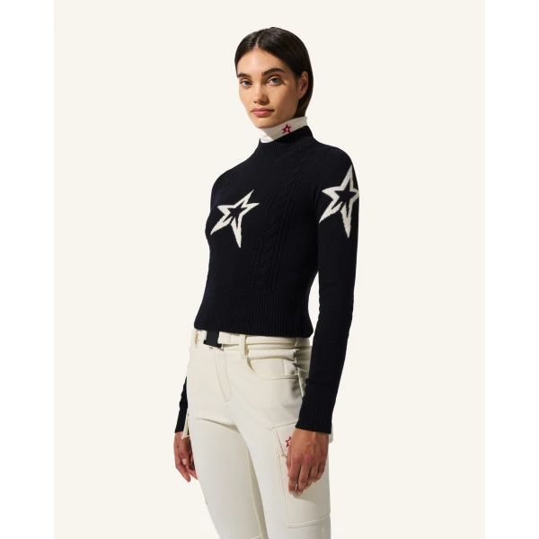 Perfect Moment Cable Merino Wool Sweater in Navy, view 4 | Sweaters | Luxury Shoes 