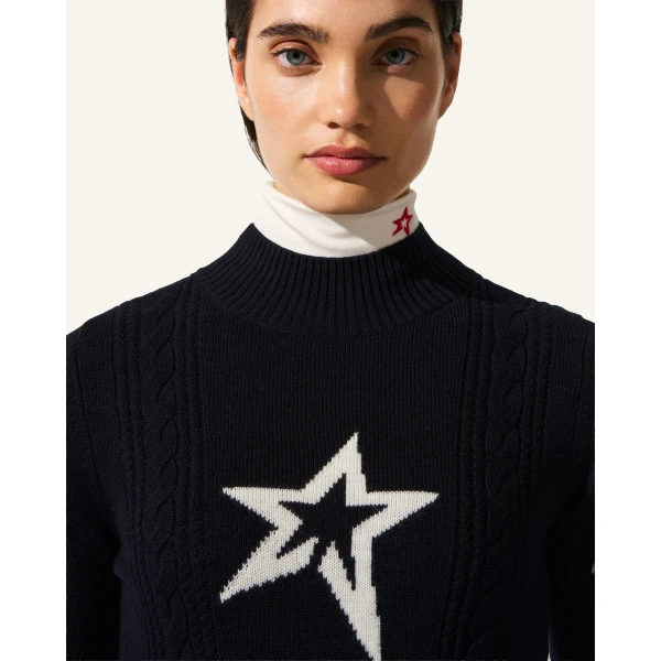 Perfect Moment Cable Merino Wool Sweater in Navy, view 6 | Sweaters | Luxury Shoes 