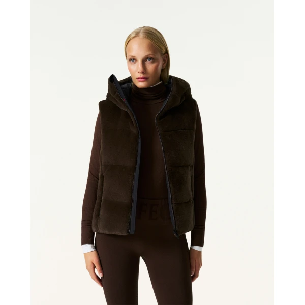 Perfect Moment Celia Faux Fur Down Gilet in Brown, view 3 | Vests | Luxury Shoes 