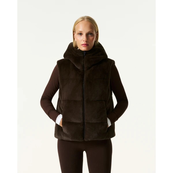 Perfect Moment Celia Faux Fur Down Gilet in Brown, view 4 | Vests | Luxury Shoes 