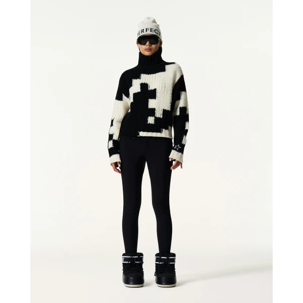 Perfect Moment Chunky Wool Cropped Sweater in Black and Snow White Houndstooth, view 2 | Sweaters | Luxury Shoes 