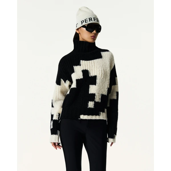 Perfect Moment Chunky Wool Cropped Sweater in Black and Snow White Houndstooth, view 3 | Sweaters | Luxury Shoes 