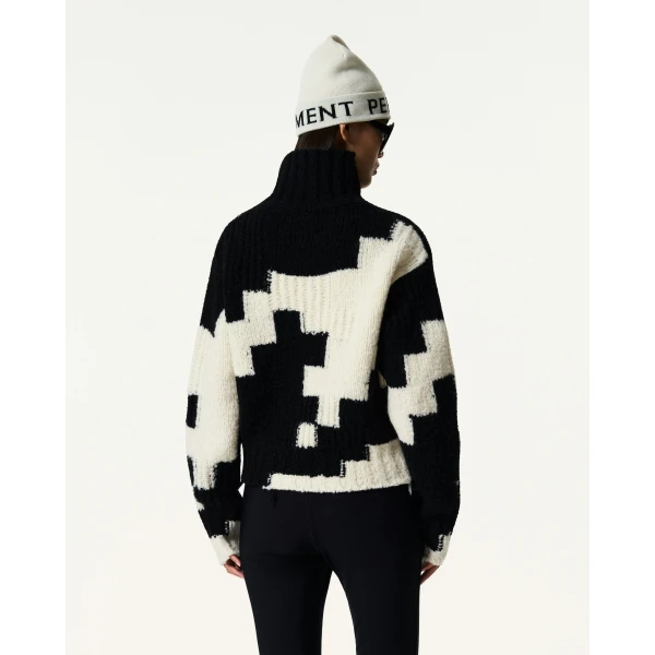Perfect Moment Chunky Wool Cropped Sweater in Black and Snow White Houndstooth, view 4 | Sweaters | Luxury Shoes 