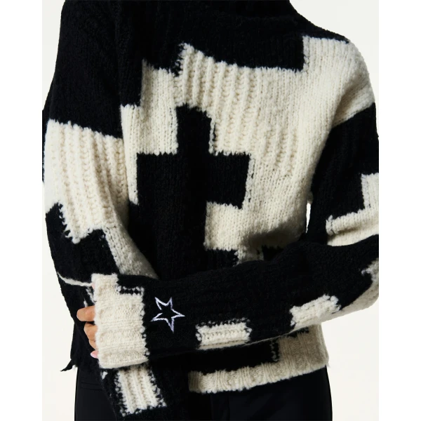 Perfect Moment Chunky Wool Cropped Sweater in Black and Snow White Houndstooth, view 5 | Sweaters | Luxury Shoes 