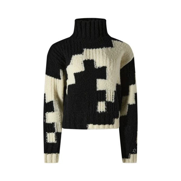 Perfect Moment Chunky Wool Cropped Sweater in Black and Snow White Houndstooth | Sweaters | Luxury Shoes 