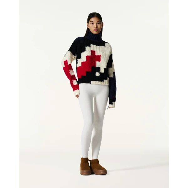 Perfect Moment Chunky Wool Cropped Sweater in Houndstooth, view 2 | Sweaters | Luxury Shoes 