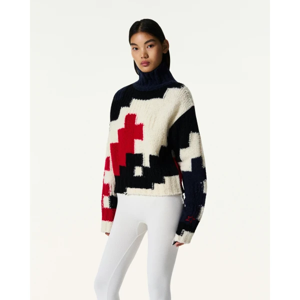 Perfect Moment Chunky Wool Cropped Sweater in Houndstooth, view 3 | Sweaters | Luxury Shoes 