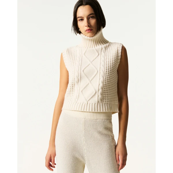 Perfect Moment Crystal Merino Wool Sleeveless Tank Sweater in Cream, view 3 | Sweaters | Luxury Shoes 