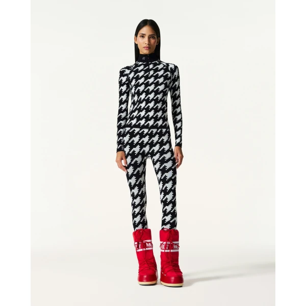 Perfect Moment Jacquard Base Layer Top in Black and White Houndstooth, view 2 | Long Sleeve | Luxury Shoes 
