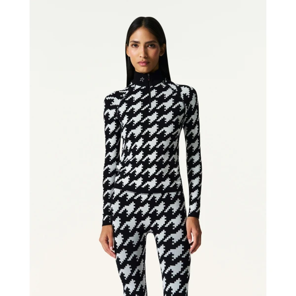 Perfect Moment Jacquard Base Layer Top in Black and White Houndstooth, view 3 | Long Sleeve | Luxury Shoes 