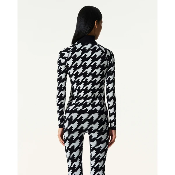 Perfect Moment Jacquard Base Layer Top in Black and White Houndstooth, view 4 | Long Sleeve | Luxury Shoes 