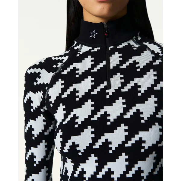 Perfect Moment Jacquard Base Layer Top in Black and White Houndstooth, view 5 | Long Sleeve | Luxury Shoes 