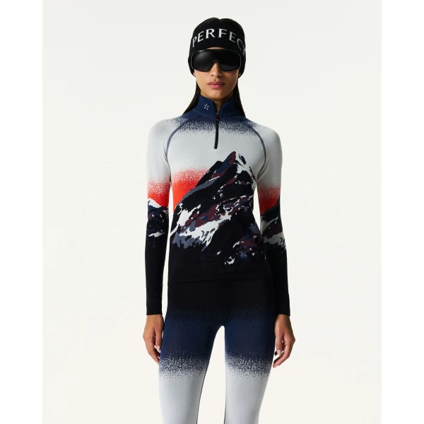 Perfect Moment Jacquard Base Layer Top in Navy & White, view 3 | Long Sleeve | Luxury Shoes 