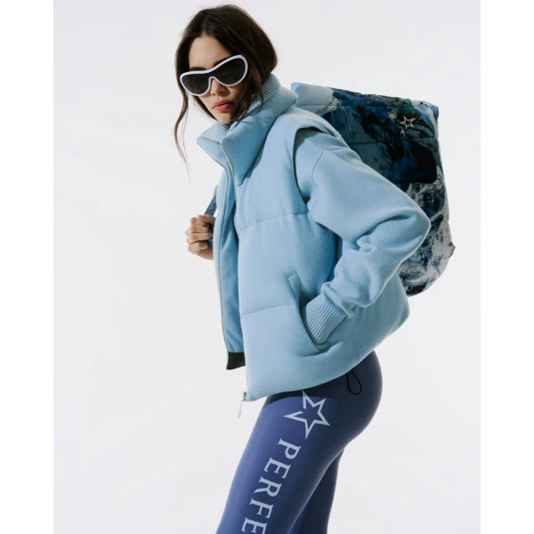 Perfect Moment Merino Wool & Cashmere Down Gilet in Cloud Blue, view 2 | Vests | Luxury Shoes 