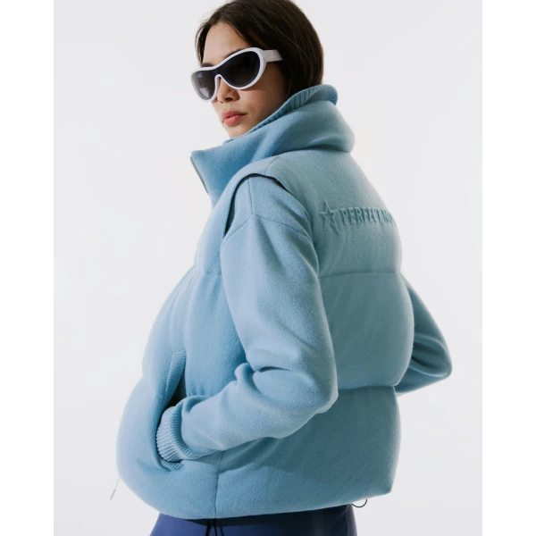 Perfect Moment Merino Wool & Cashmere Down Gilet in Cloud Blue, view 4 | Vests | Luxury Shoes 