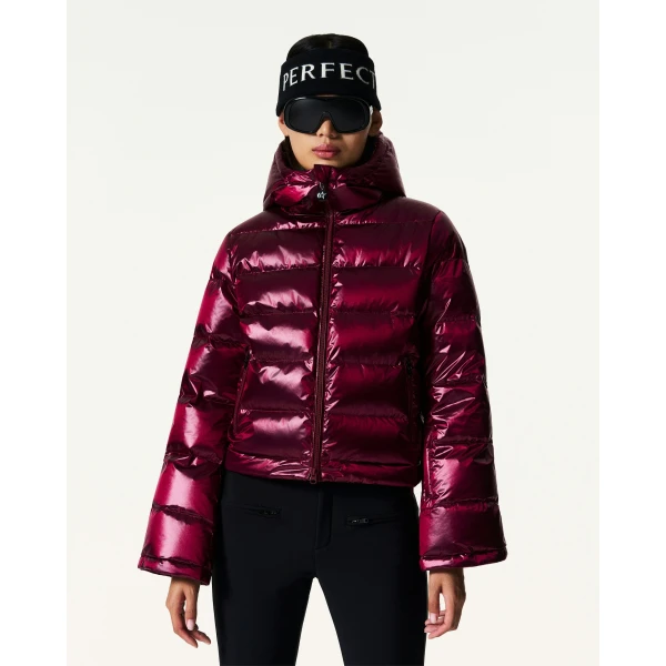 Perfect Moment Metallic Polar Flare Down Jacket in Wine, view 3 | Jackets | Luxury Shoes 
