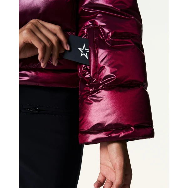 Perfect Moment Metallic Polar Flare Down Jacket in Wine, view 5 | Jackets | Luxury Shoes 