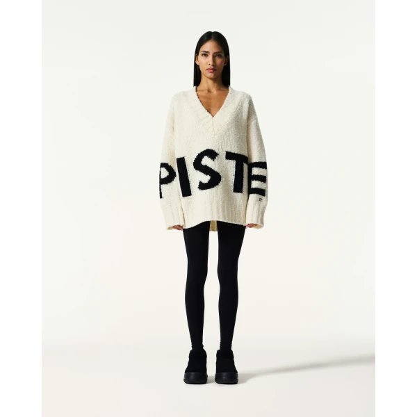 Perfect Moment Oversized Wool V-Neck Piste Sweater in Snow White, view 2 | Sweaters | Luxury Shoes 