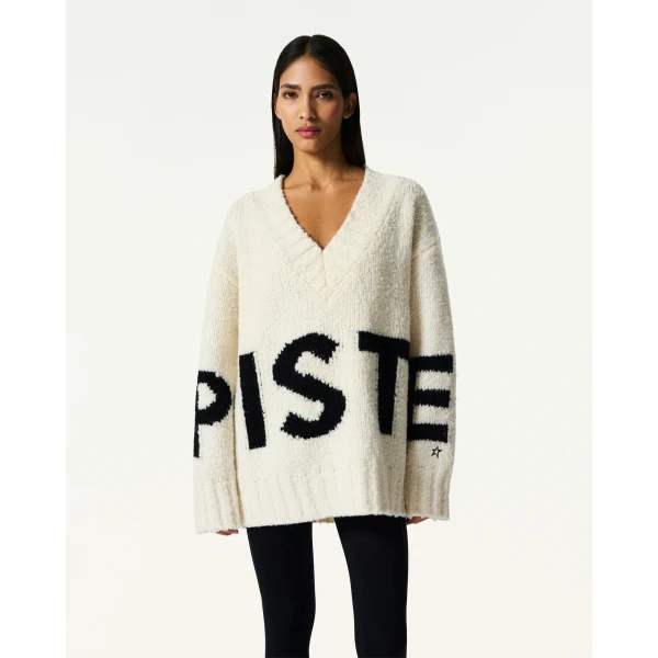 Perfect Moment Oversized Wool V-Neck Piste Sweater in Snow White, view 3 | Sweaters | Luxury Shoes 