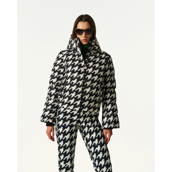 Perfect Moment Polar Flare Down Jacket in Black and Snow White Houndstooth, view 2 | Jackets | Luxury Shoes 