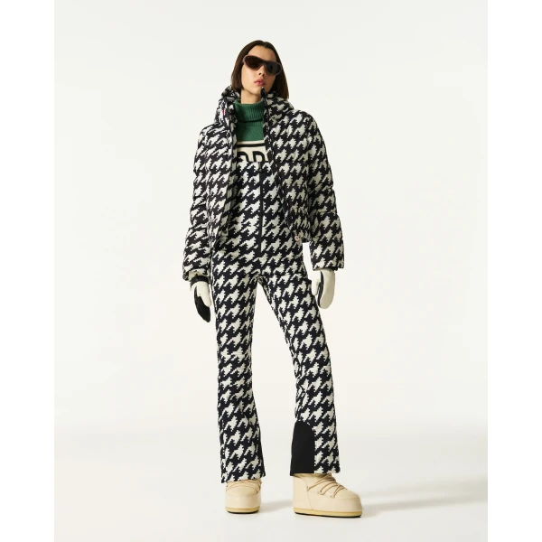 Perfect Moment Polar Flare Down Jacket in Black and Snow White Houndstooth, view 3 | Jackets | Luxury Shoes 