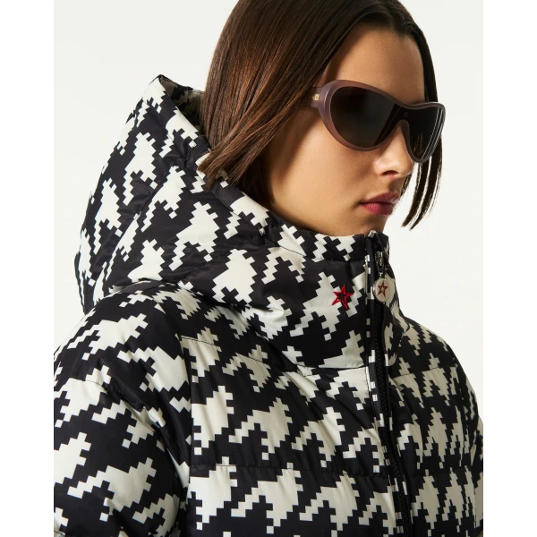 Perfect Moment Polar Flare Down Jacket in Black and Snow White Houndstooth, view 4 | Jackets | Luxury Shoes 