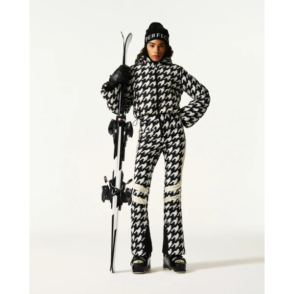Perfect Moment Polar Flare Down Ski Suit in Black and White Houndstooth, view 2 | Jumpsuit | Luxury Shoes 