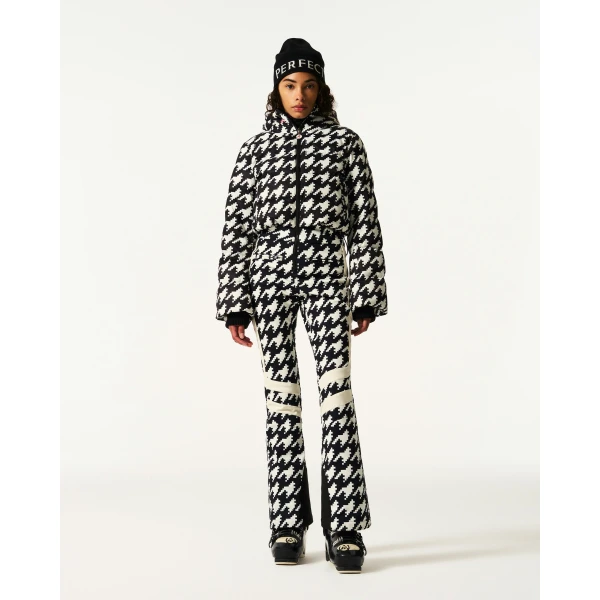 Perfect Moment Polar Flare Down Ski Suit in Black and White Houndstooth, view 3 | Jumpsuit | Luxury Shoes 